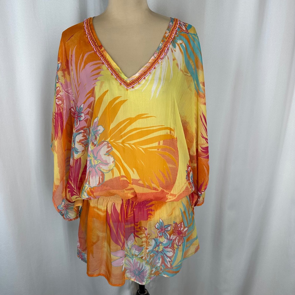 Sol & Mer M/L Tropical Floral Beaded Kaftan Tunic Cover Up Dress
